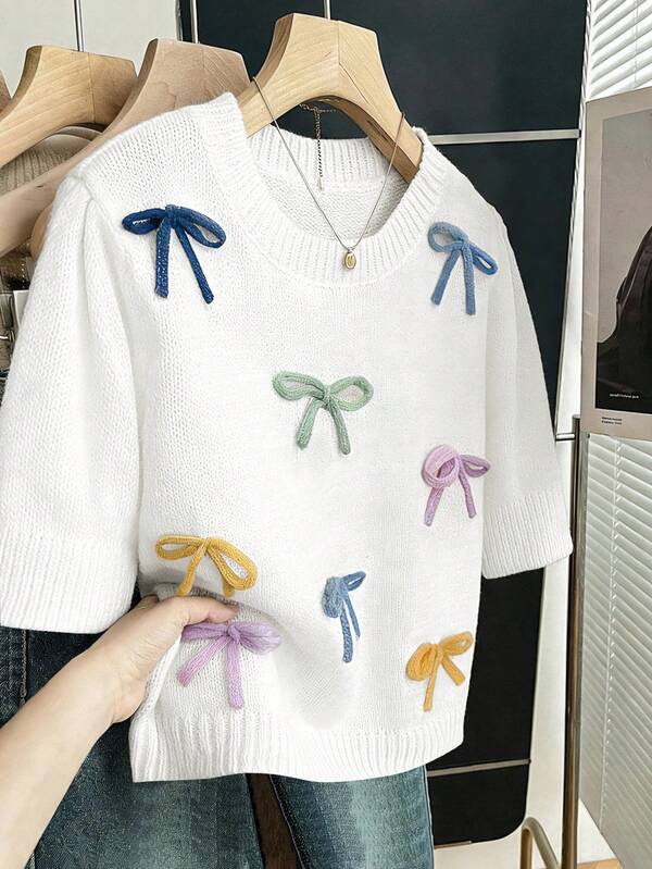 Elenzga Women's Elegant Sweet Daily Versatile White Knitted Pullover Top Round Neck Regular Shoulders Short Sleeves Three-Dimensional Colorful Bow Detail Plus Sizes Sweaters Casual Chic T Shirts, Spring Summer Tops Cute Bow Tops Cute Short Sleeve Tops Tie Tops