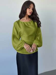 Firerie Áo kiểu nữ thanh lịch, lãng mạn, thường ngày, màu nâu cà phê, cổ tròn, tay cánh dơi, dài tay, thắt eo, dáng chữ X, phù hợp cho giáo viên và mùa thu. - Màu xanh Ô liu - Xem 4