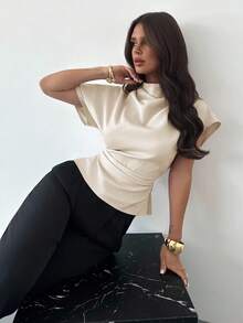 Firerie Crinkle Collar Asymmetric Sleeve Side Ruched Waist Slim Fit Apricot Bamboo Linen Fabric Blouse For Women, All Season - Beige - View 6