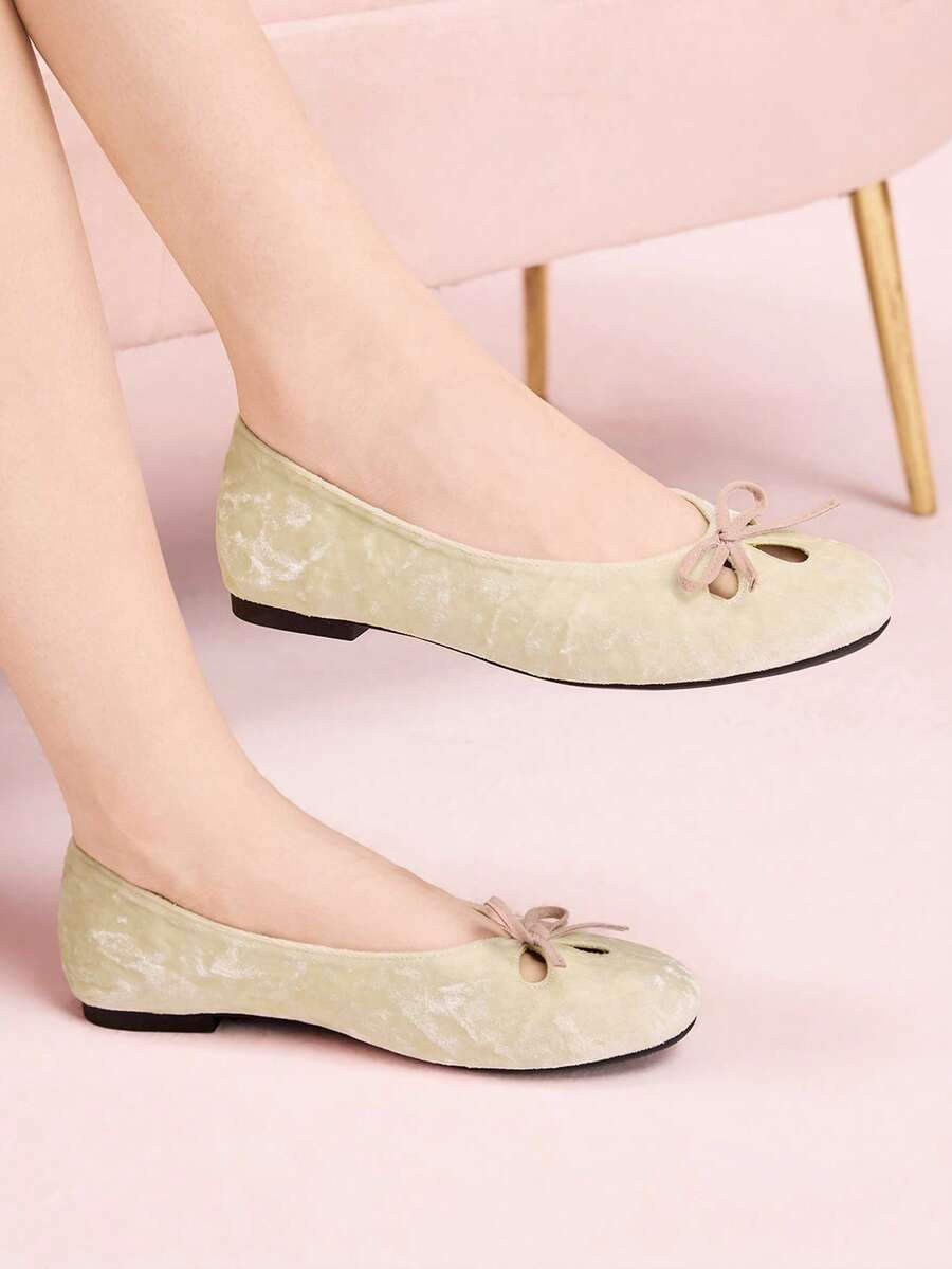 CUCCOO DOLLMOD French Round Toe Soft Sole Hollow Ballet Shoes Women's Fashion Women Wear Comfortable Soft Sole Low Vamp Temperament Velvet Versatile Flat Sole Shoe Valentine's Day - Apricot - View 1