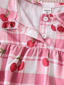 女童格子印花荷叶袖樱桃刺绣短袖上衣和裤子两件套休闲家居服 - 粉色 - 查看 3