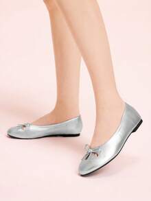 CUCCOO DOLLMOD French Round Head Soft Sole Hollow Ballet Shoes Women's Fashion Women Wear One Pedal Comfortable Soft Sole Low Vamp Temperament Velvet Versatile Flat Sole Shoe Valentine's Day - Silver - View 5