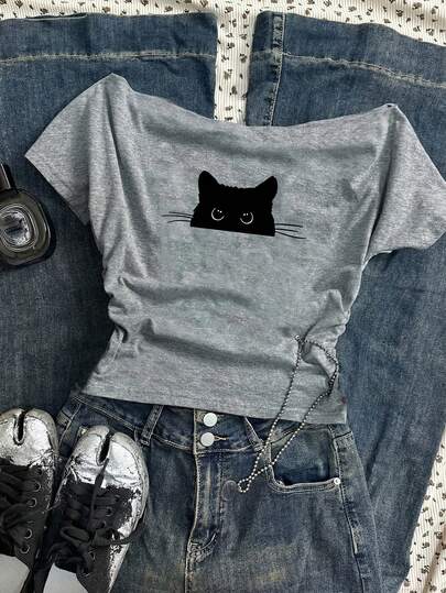 Attitoon Casual Vintage Punk Y2K Versatile Party Gathering Black Cat Print Design, Music Festival Outfit, Gothic Style, Summer Outing Women's Cropped Off Shoulder Tight Short Sleeve T-Shirt In Gray