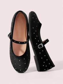 CUCCOO DOLLMOD Round Toe Low Vamp Buckle, Soft Sole Shoes, Women's French Retro Slip-On, Riveted Grandma Shoes, Women's Fashion Outer Wear Versatile Mary Jane Ballet Shoes Valentine's Day - Black - View 2