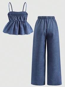 SHEIN Tween Girl Matching Casual Ruffle Trim Top And Pants Set - Blue - View 2