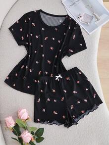 SHEIN Women's Floral Print Casual Pajama Set - Black - View 3