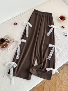 Sweetra Women's New Spring/Summer Casual, Work, Commute, Picnic Solid Brown Side Seam Ruffle Bow Design Collegiate Style Cute & Versatile Women Pants - Coffee Brown - View 1