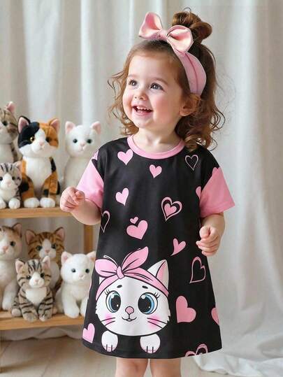 Baby Girl Casual Comfortable Cute Cartoon Animal Print Patchwork Sleeve Short Sleeve Dress
