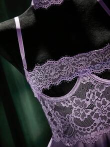 SpicyHot 3pcs Set: Lace Hollow-Out Underwire Sexy Nightgown + G-String + Eye Mask - Purple - View 3