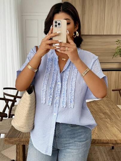 Weeklong Plus Size Women's Casual Striped Shirt With Frill Trim And Rolled Up Sleeves, Spring/Summer