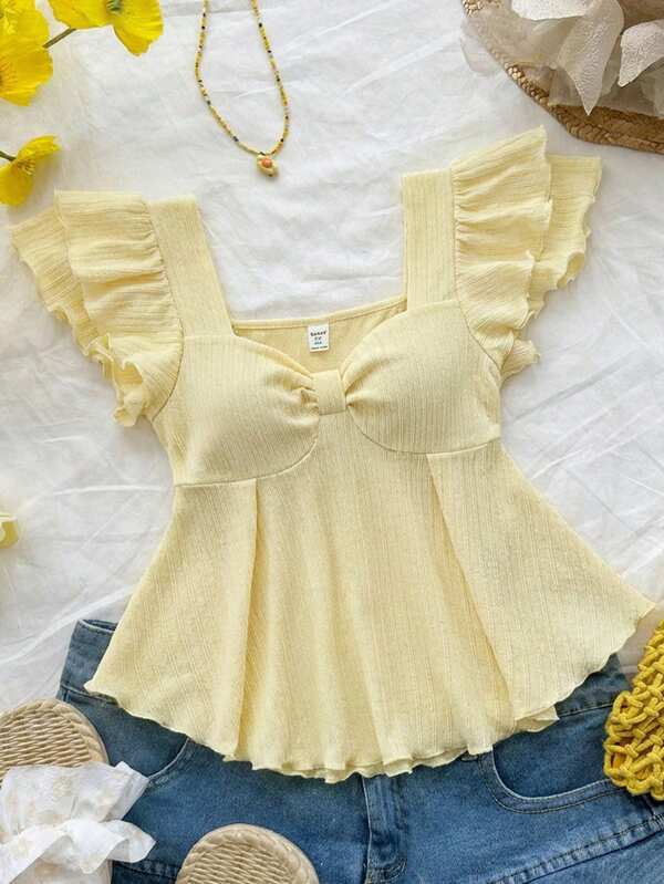 Teen Girl Summer Sunshine Sweet Soft Yellow Solid Color Casual, Comfortable, Ruffle Sleeve, Jacquard Knit T-Shirt, Suitable For Home, Cute, Teenage, Valentine's Day, Parties