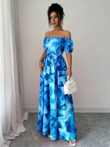 Elenzga New Summer Collection Elegant Fashion Off-The-Shoulder Blue Floral Print Dress With Slim-Fit Waistline And Puff Sleeves. Ocean Dress Off Shoulder Dress, Blue Long Dress, Blue Dress - Aqua Blue - View 3