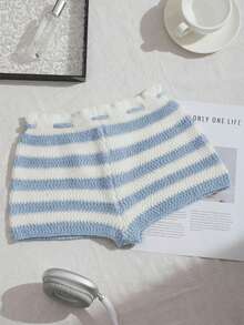 Comfortcana 女士抽绳腰带条纹休闲针织短裤 - 藍色 - 查看 2