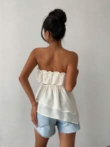 Aloruh 女士新款优雅浪漫时尚杏色荷叶边艺术褶皱抹胸上衣，适合婚礼、日常穿着、约会等场合。 - 杏色 - 查看 3