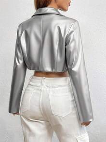 SHEIN Unity Women's Silver Lapel NeckLong Sleeve Cropped Jacket - Silver - View 2