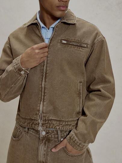 Musero Oversized Cropped Zip Through Washed Denim Collared Long Sleeve Dropped Shoulder Co Ord Jean Jacket Only Essentials Spring&Summer