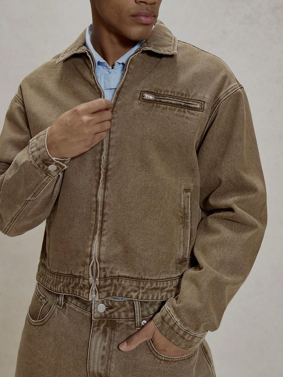 Musero 超大款短款拉链水洗牛仔翻领长袖落肩牛仔外套 Only Essentials 春夏款 - 灰色 - 查看 1