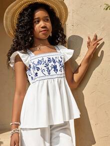 SHEIN White National Style Blue Embroidered Top & Wide Leg Pants Set, Summer Casual Holiday Tea Party Outfit, Square Collar Waist Doll Shirt For Tween Girl - Blue and White - View 4