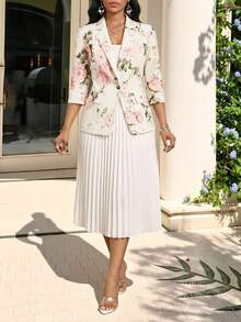 SHEIN Lady Women's Floral Print Lapel Neck3/4 Sleeve Jacket And Pleated Mini Skirt Elegant Suit Set - Multicolor - View 6