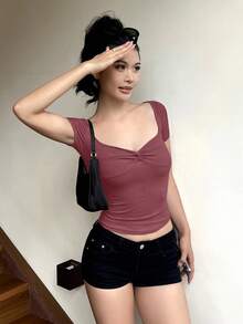 DAZY Women's Solid Color Sweetheart Neck Front Twist Fitted Short Sleeve T-Shirt, Summer - Red - View 4