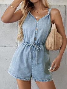 Mature Denim Bộ áo liền quần không tay màu xanh denim dành cho nữ (quần đùi) - Rửa nhẹ - Xem 5