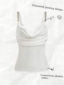 Franclia Holidaya 时尚商店 女士优雅派对 2026 春夏时尚深V领白色缎面水钻吊带背心 - 白色 - 查看 2