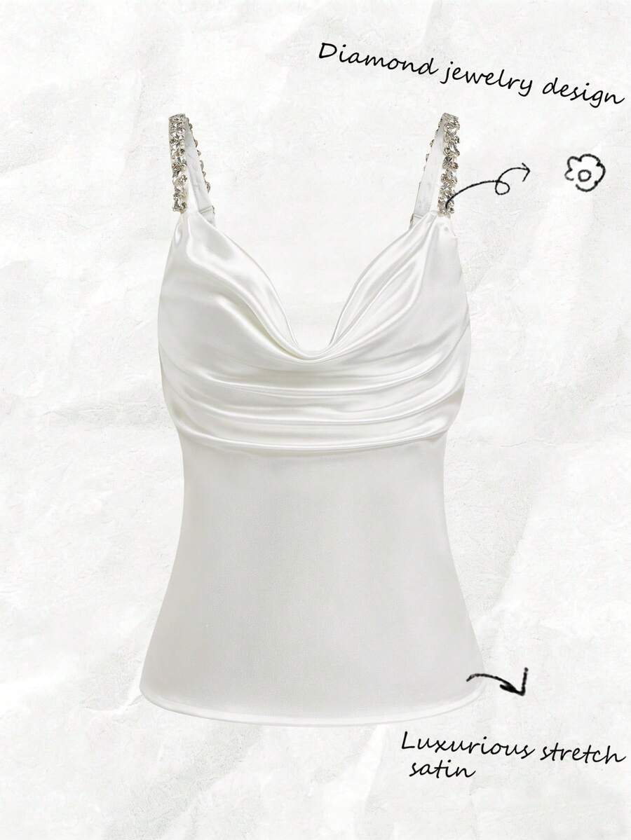 Franclia Holidaya 时尚商店 女士优雅派对 2026 春夏时尚深V领白色缎面水钻吊带背心