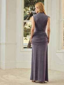 MOTF PREMIUM WOMEN'S LONG DRESS, DRAPED TEXTURED HIGH-STRETCH KNIT, SCULPTING RUCHED CURVE-HUGGING SLEEVELESS DRESS - Purple - View 3