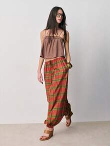 Nöista Plaid Harem Pants , Balloon Pants A Relaxed Fit With Gathered Elastic Cuffs And An Adjustable Waist. Spring , Summer , Women, Everyday Wear. - Red - View 4