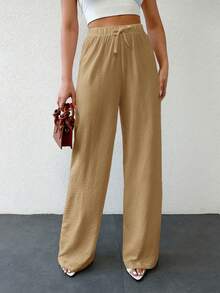 SHEIN Tall Tall Cottonline Knot Solid Color Casual Women's Pants - Brown - View 5