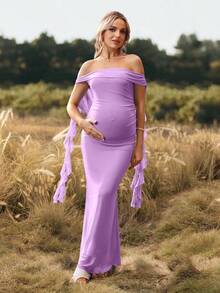Cheriluna Maternity Đầm bầu maxi hở vai, màu trơn, thích hợp cho tiệc Giáng sinh, tiệc trang trọng, tiệc mừng em bé sắp chào đời. - Màu tím - Xem 3