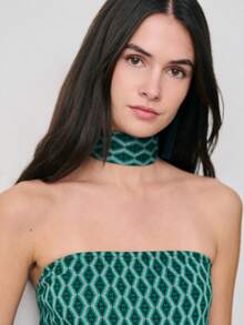 Nöista Off Shoulder Jumpsuit With A Geometric Jacquard Fabric, Fitted Bodice, Wide-Leg Pants And Matching Choker On Neck. Spring, Summer, Wedding Occasion, Formal Event, Easter. - Green - View 6