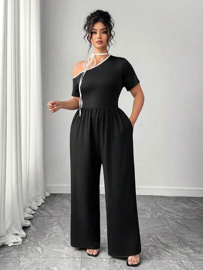 Elenzga Mono de manga corta con hombros descubiertos y lazo, elegante y minimalista, para mujer de talla grande, para primavera/verano