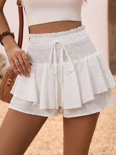 Breezaya Women's White Wavy Textured Fabric Waist Tie Ruffle Hem Asymmetrical Hem Casual Shorts, Suitable For Easter, Labor Day, Birthday, Casual, Beach, Travel, Spring/Summer