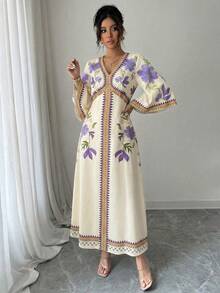 Yasmyna 女士印花V领喇叭袖优雅连衣裙，度假款 - 紫色 - 查看 6