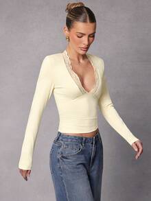 Hauture 办公室风格蕾丝边长袖针织上衣 - 黃色 - 查看 5