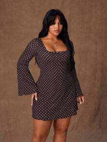 Rustia 大码女式新款黑色波点印花喇叭袖修身迷你连衣裙，配腰带和露背设计，浪漫连衣裙，派对装扮，优雅，黑色优雅，时尚秋冬，哥特风格 - 棕色 - 查看 3