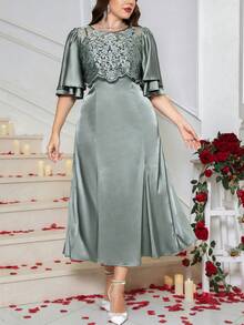 Ellevyn 大码优雅派对刺绣网纱拼接连衣裙 - 綠色 - 查看 6