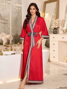 SHEIN Contrast Color Print Patchwork Collar 3/4 Sleeve Sexy Long Women Robe - Red - View 6