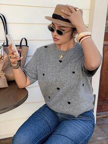Dazy Plus Plus Size Women Heart Pattern Short Sleeve Casual Knit Top, Spring/Summer - Grey - View 5