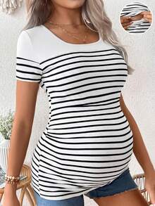 SHEIN Maternity Casual Striped Short Sleeve Fitted Nursing T-Shirt, Summer - Multicolor - View 1