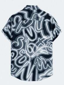 ROMWE MEN Street Life 男士全印花单排扣休闲短袖衬衫 - 灰色 - 查看 2