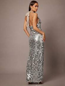Silquee Đầm ôm sát đính sequin cổ khoét sâu hở lưng thanh lịch dành cho nữ dự tiệc - Bạc - Xem 2
