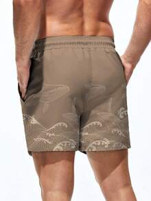Manfinity Swimmode Men's Wave Print Drawstring Waist Pocket Beach Shorts - Coffee Brown - View 2