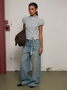 COUREZ PUFF SLEEVE ASYMMETRIC TIE FRONT SHIRT - Blue and White - View 2