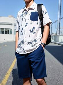两件套青少年男童印花T恤和蓝色短裤套装，面料柔软舒适，适合拍照、上学、运动、度假、夏季穿着。 - 藍色 - 查看 7