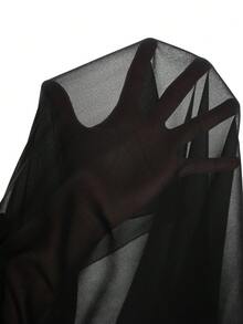 Elenzga بدلة كاجوال طويلة سوداء للسيدات البدينات، بتصميم أنيق بسيط بياقة على شكل حرف V من الشيفون، بأكمام خفافيش واسعة وخصر مربوط لإنحاف الخصر - الأسود - مشاهدة 3