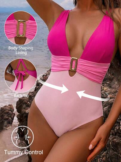 Shapewave Women's Summer Beach Vacation Contrast Color Patchwork Metal Decor Adjustable Criss-Cross Back Tummy Control High Cut One-Piece Swimsuit, Pink One Piece Bathing Suit