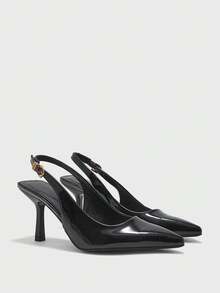CUCCOO BIZCHIC Women's Pointed Toe Black Patent Leather Metal Buckle Open Toe Fashion Pumps, Elegant For Office And Commute Spring Shoes - Black - View 7