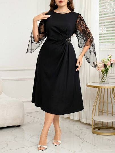 SHEIN Clasi Plus Size Women Elegant Party Contrast Lace Rhinestone Waist Dress